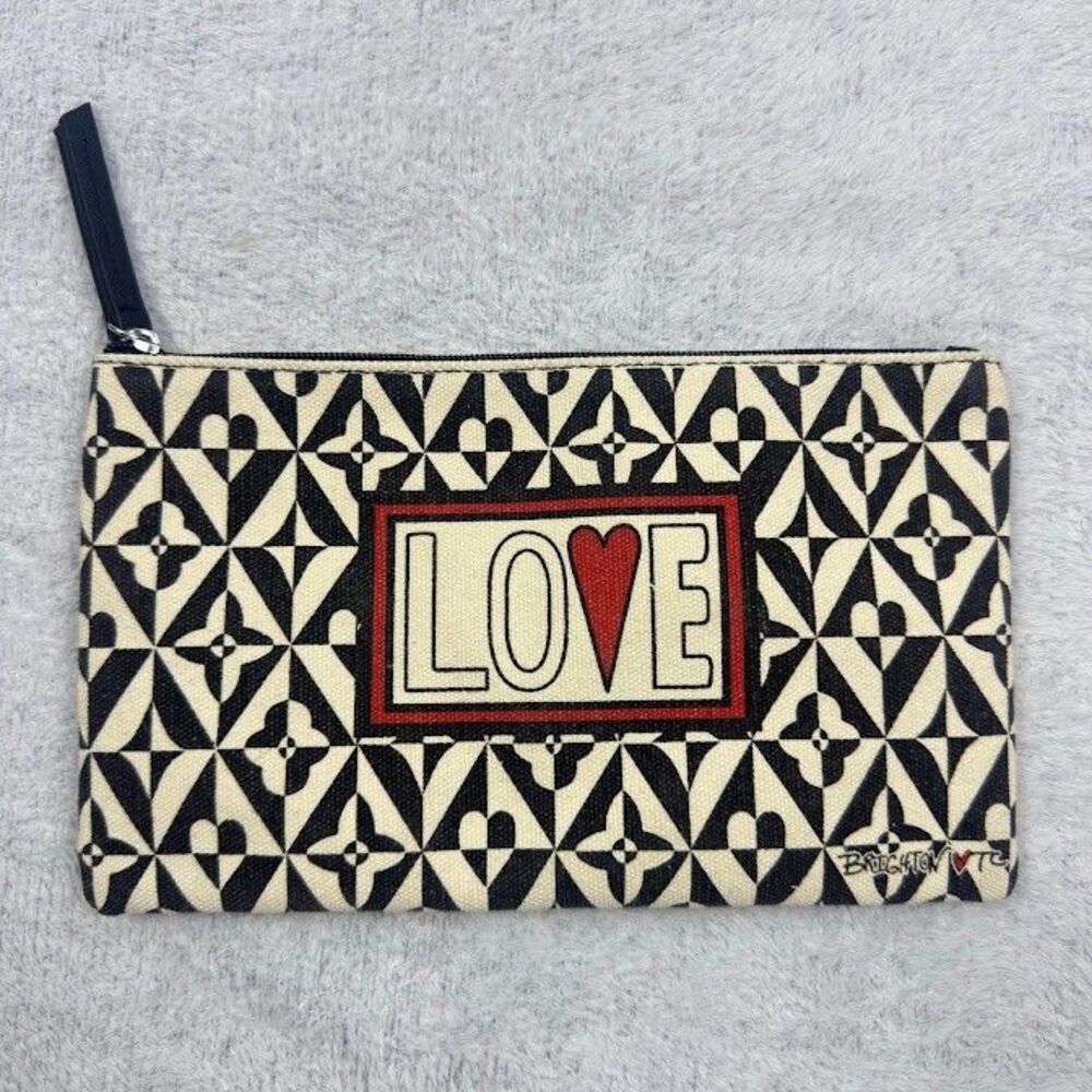Brighton Black White LOVE Heart Geometric Canvas Zipper Pouch Cosmetic Bag 9x5